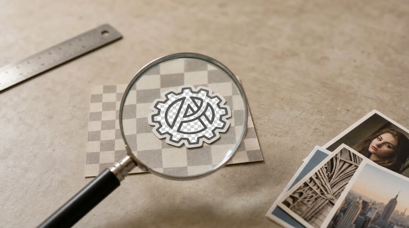 Magnifying glass over a logo cutout on a checkerboard sheet, with a ruler and photo prints nearby.