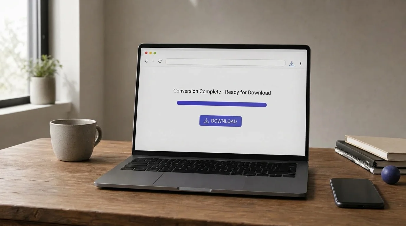 Laptop showing a conversion progress bar with a smartphone resting beside it on a desk.