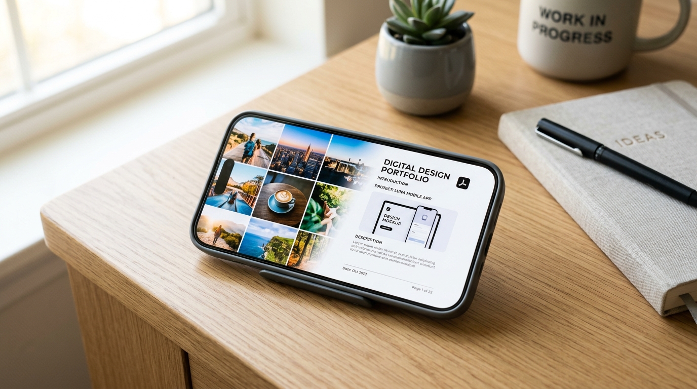iPhone displaying image to PDF conversion workflow on clean desk