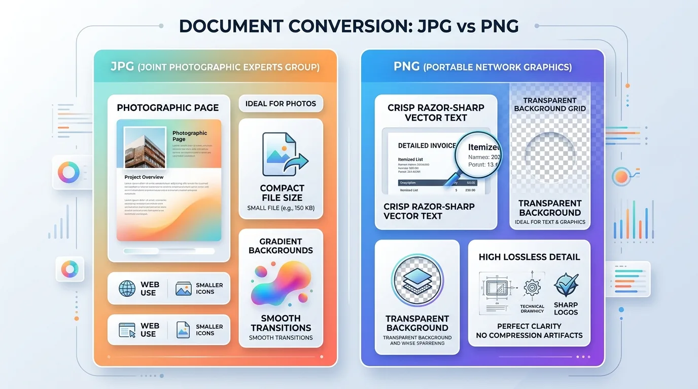 Side-by-side comparison of JPG and PNG strengths for converting PDF pages.
