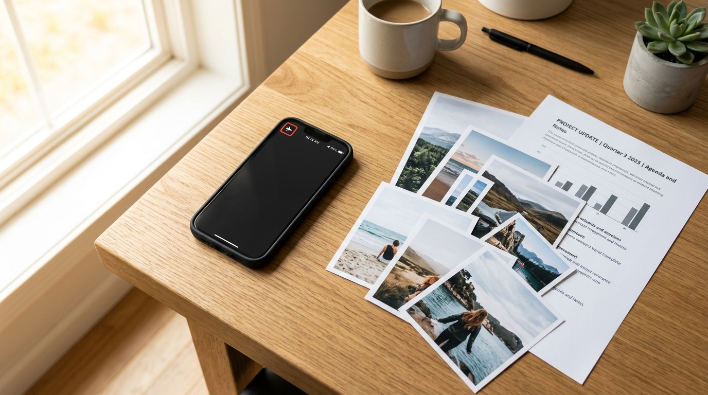 An iPhone in airplane mode on a desk next to fanned photos and a single PDF page.