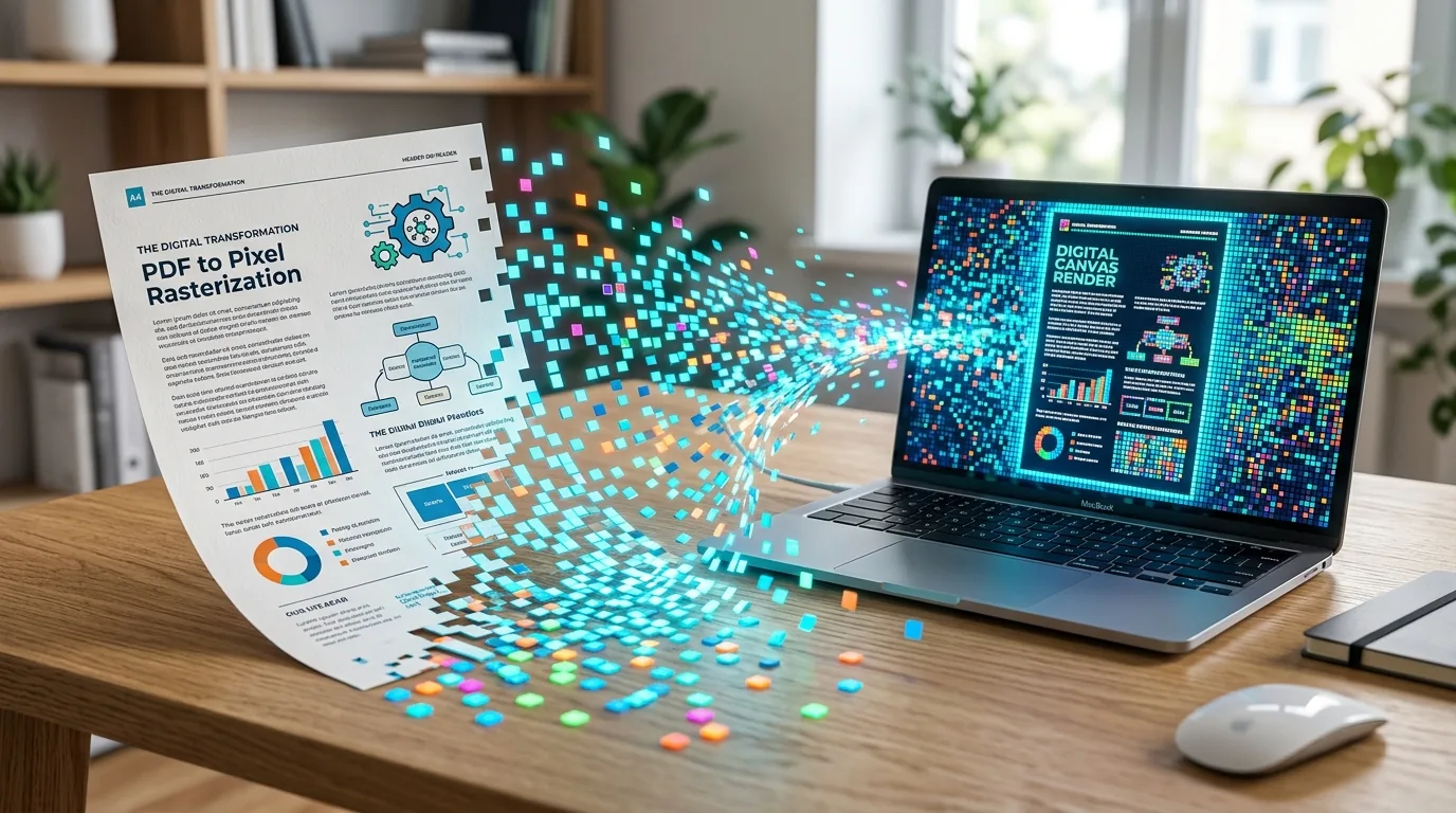 A paper page beside a laptop with small pixel tiles spilling from its corner.