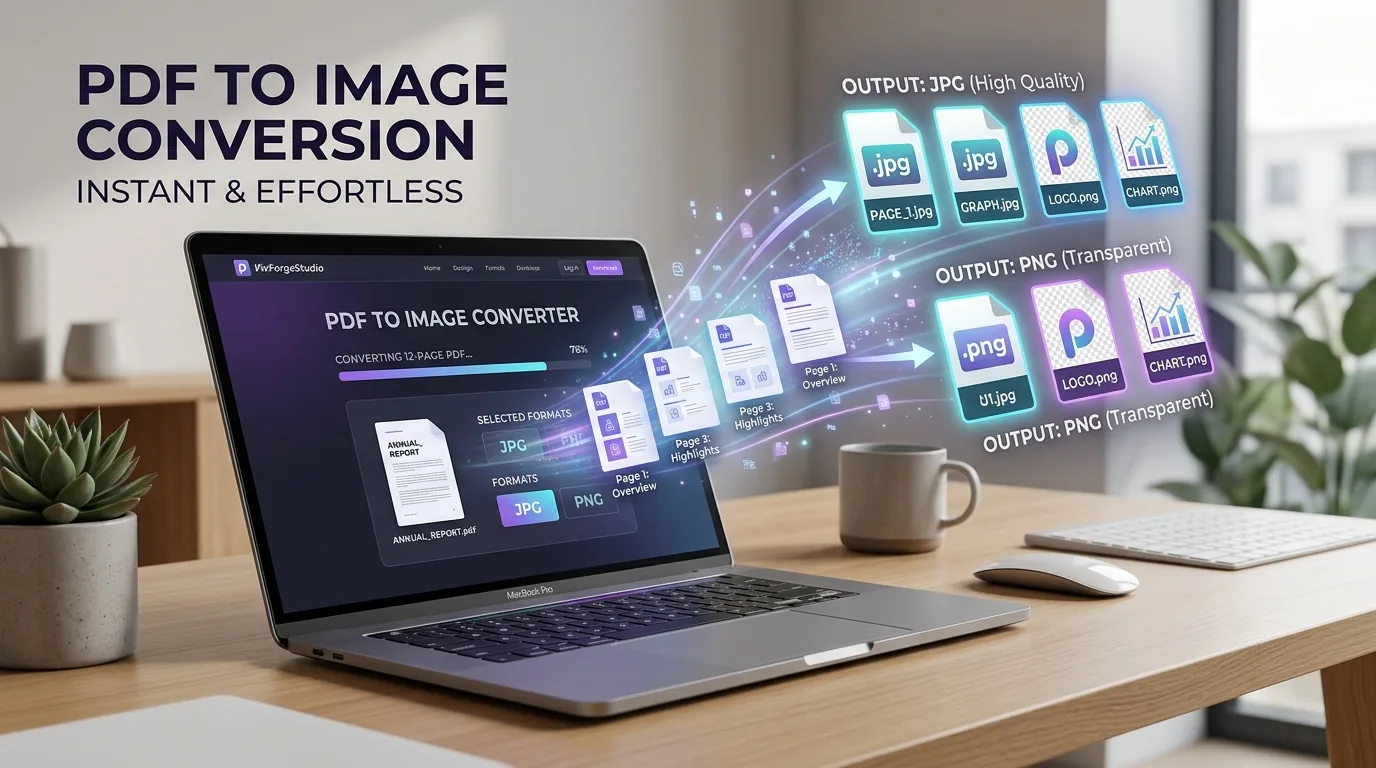 PDF to image conversion workspace displaying PDF document converting into crisp JPG and PNG pictures