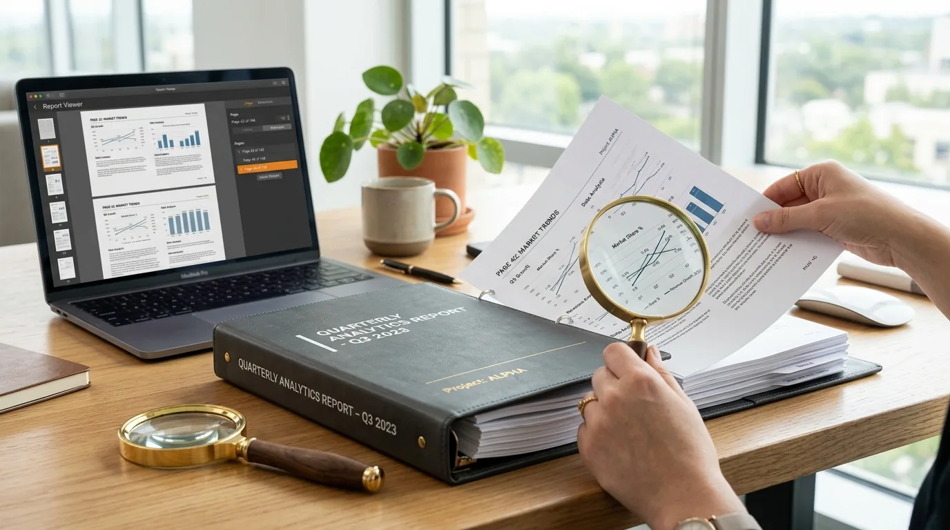 A thick report with a single page pulled out and a magnifying glass nearby.