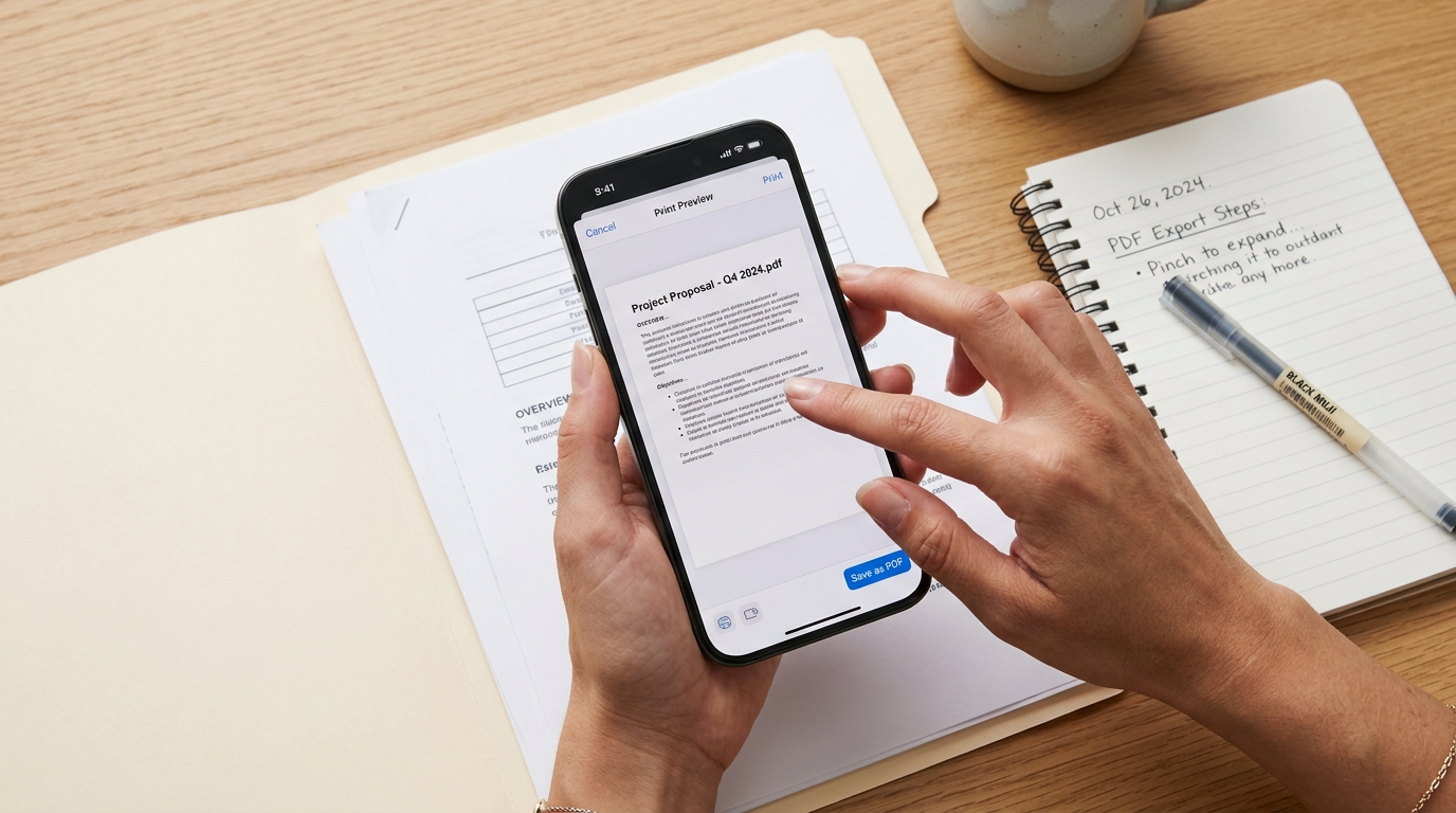A hand pinching out on a photo preview on an iPhone, with a folder and paper pages nearby.