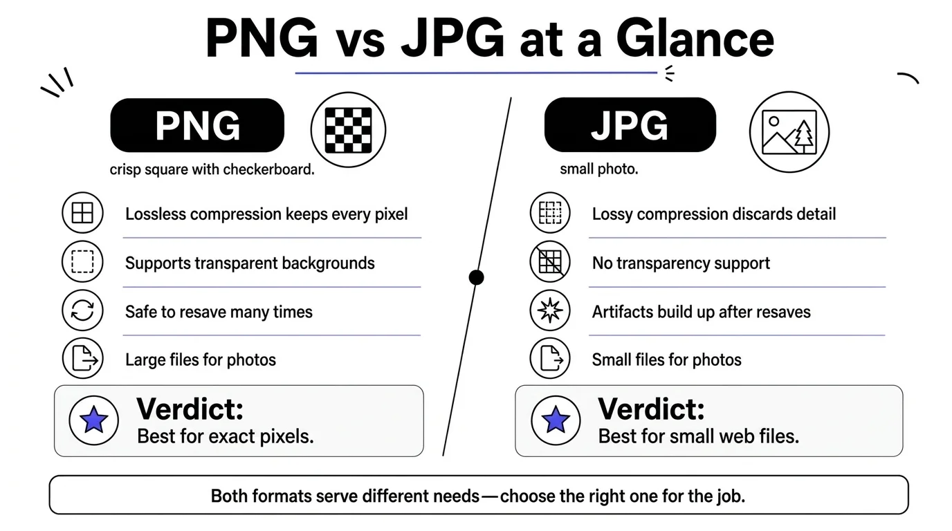 Two-column comparison of PNG and JPG covering compression, transparency, resaving, and file size.