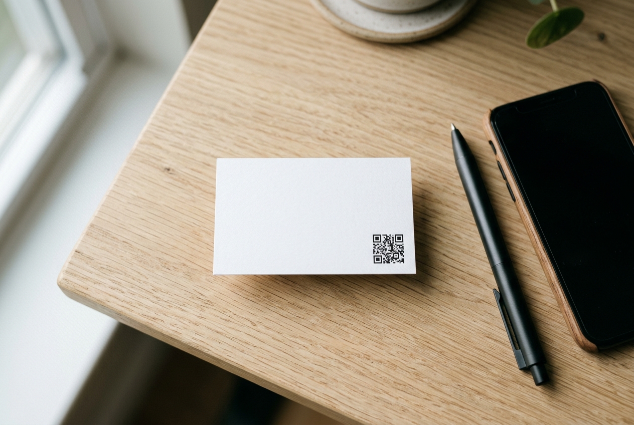 Business card with a printed QR code that links to a portfolio