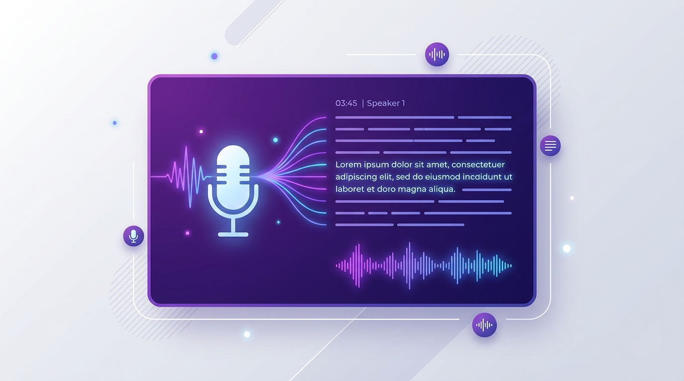 Speech to text tool with microphone button, language selector, and transcript area