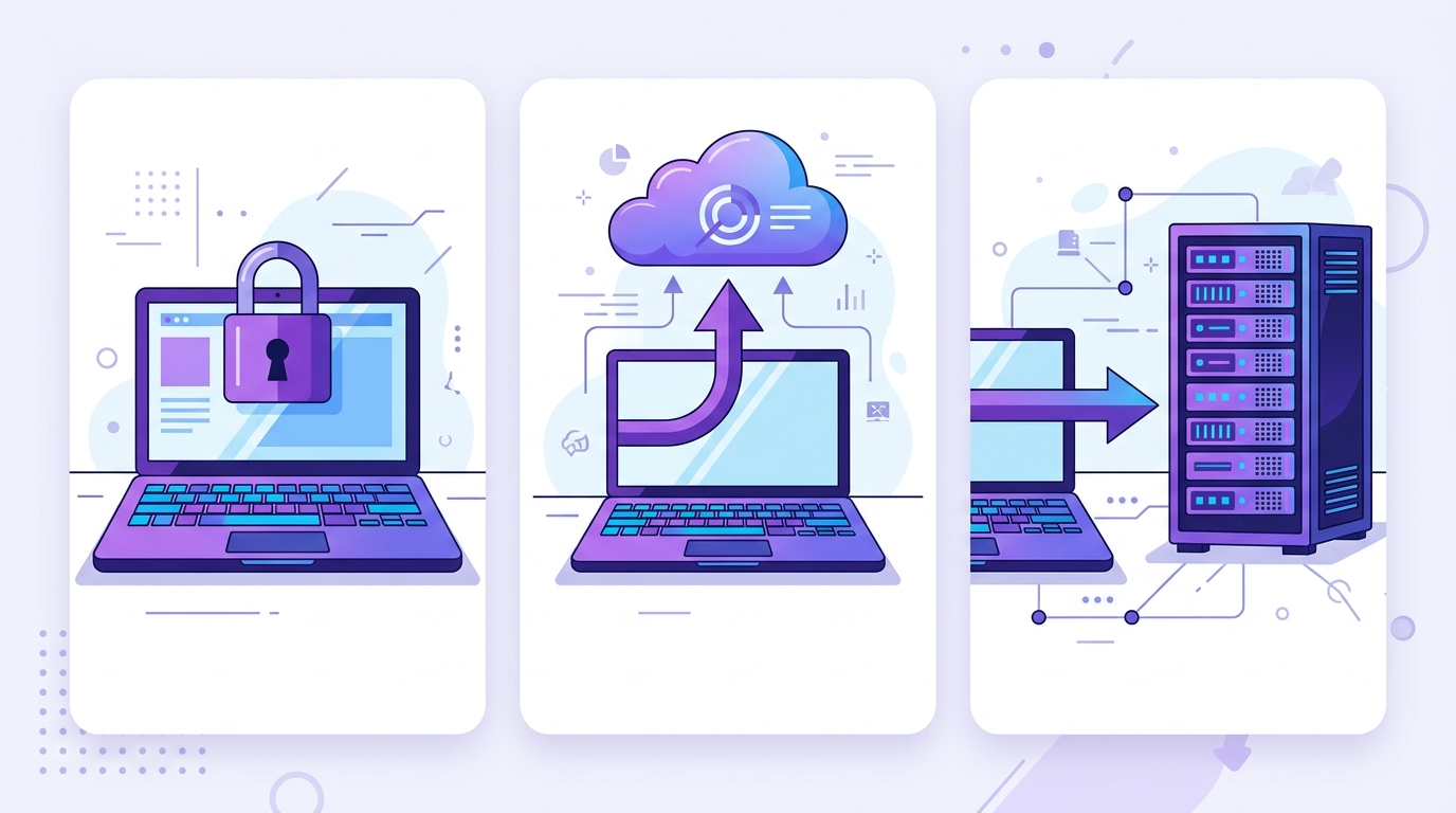 Three ways speech to text can process audio: on device, browser service, or server